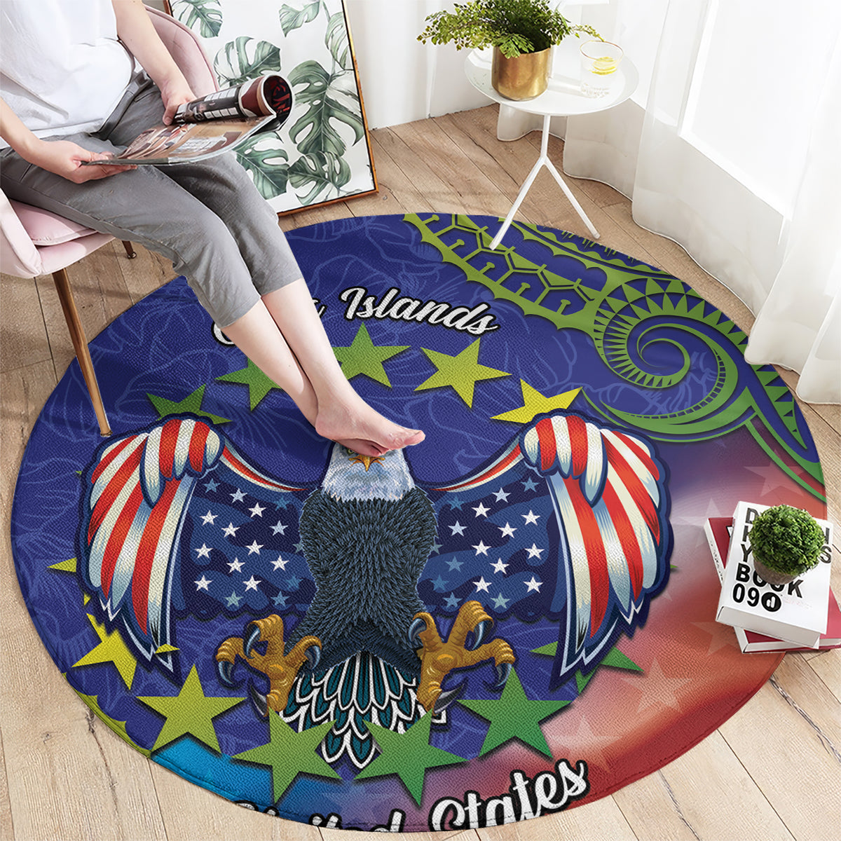 Personalised United States And Cook Islands Round Carpet USA Eagle Mix Polynesian Pattern LT14 - Polynesian Pride