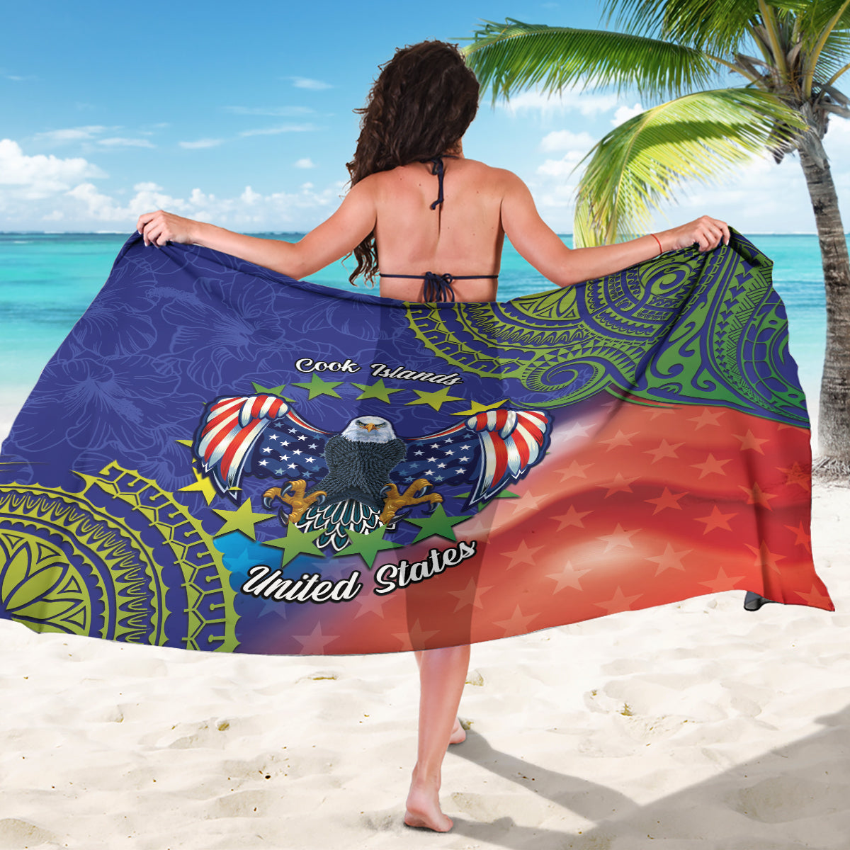 Personalised United States And Cook Islands Sarong USA Eagle Mix Polynesian Pattern LT14 - Polynesian Pride