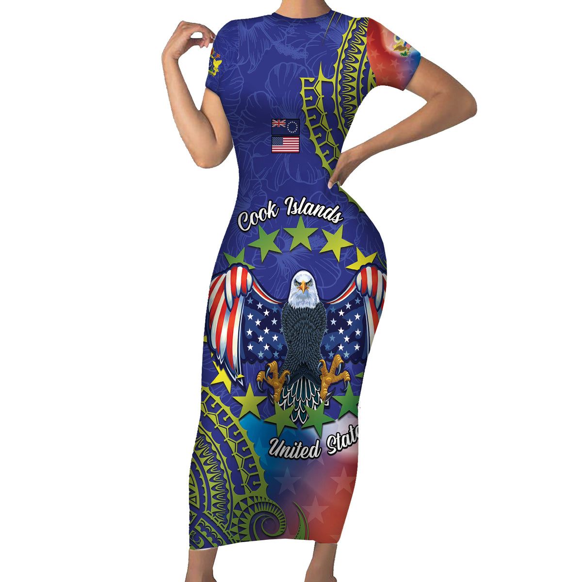 Personalised United States And Cook Islands Short Sleeve Bodycon Dress USA Eagle Mix Polynesian Pattern LT14 Long Dress Blue - Polynesian Pride