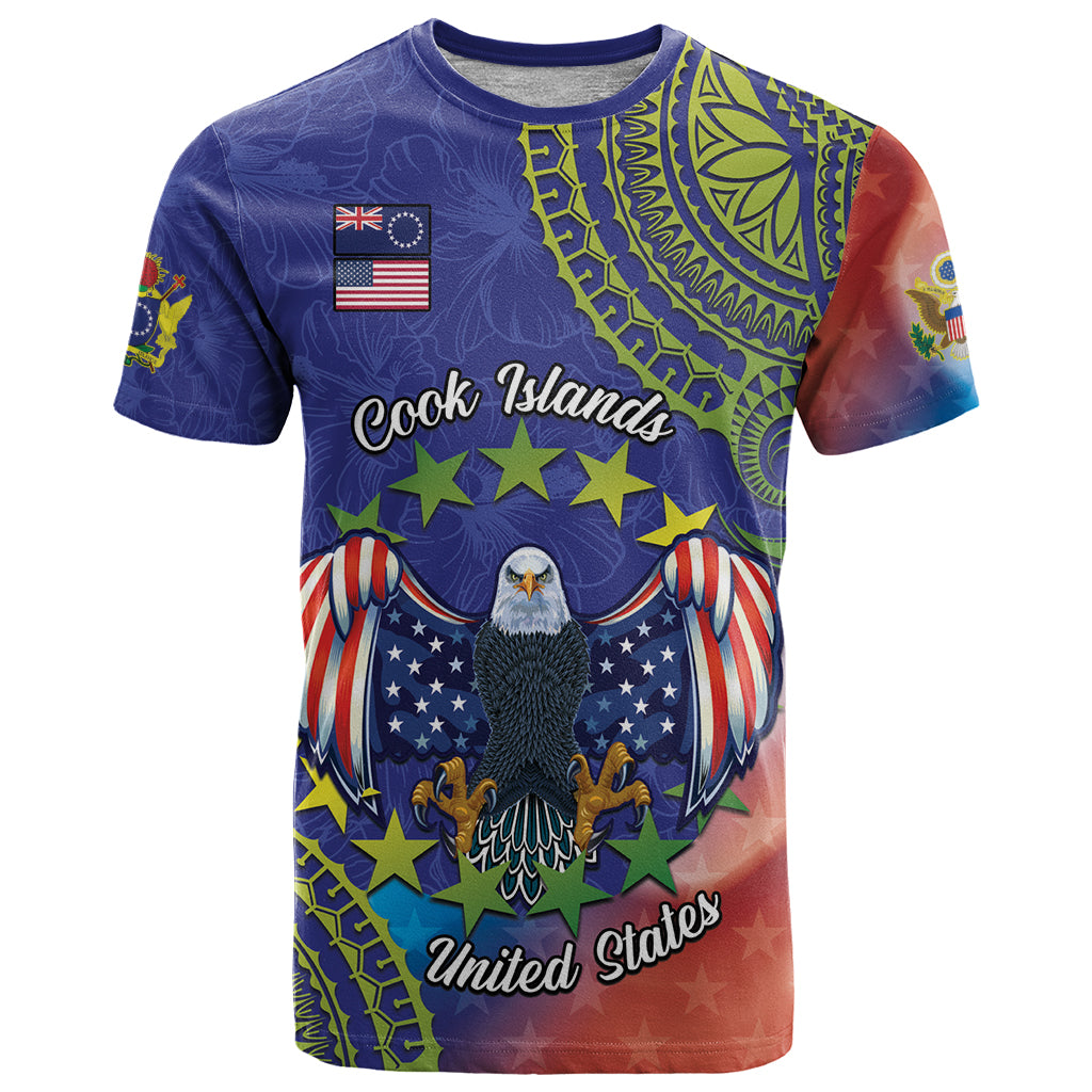 Personalised United States And Cook Islands T Shirt USA Eagle Mix Polynesian Pattern