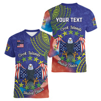 Personalised United States And Cook Islands Women V Neck T Shirt USA Eagle Mix Polynesian Pattern