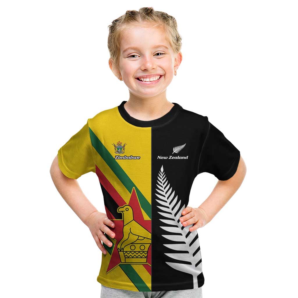 Custom New Zealand and Zimbabwe Kid T Shirt NZ Fern Zim Flag Half Style