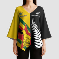 Custom New Zealand and Zimbabwe Kimono Sleeve Blouse NZ Fern Zim Flag Half Style