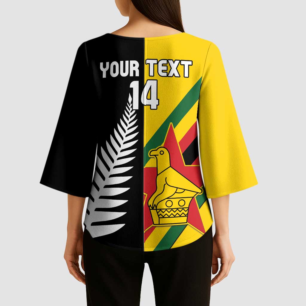 Custom New Zealand and Zimbabwe Kimono Sleeve Blouse NZ Fern Zim Flag Half Style