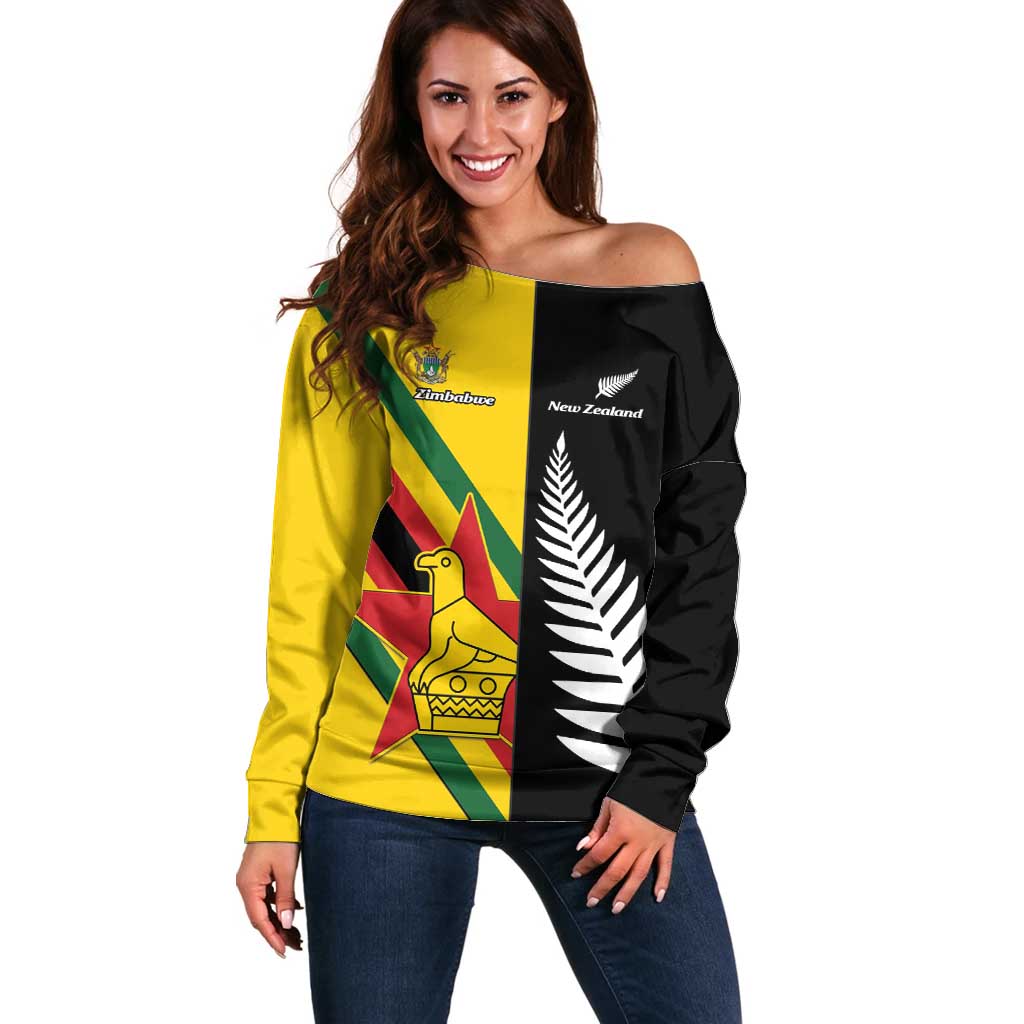 Custom New Zealand and Zimbabwe Off Shoulder Sweater NZ Fern Zim Flag Half Style LT14 Women Black - Polynesian Pride