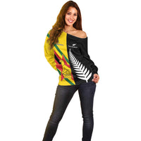 Custom New Zealand and Zimbabwe Off Shoulder Sweater NZ Fern Zim Flag Half Style LT14 - Polynesian Pride