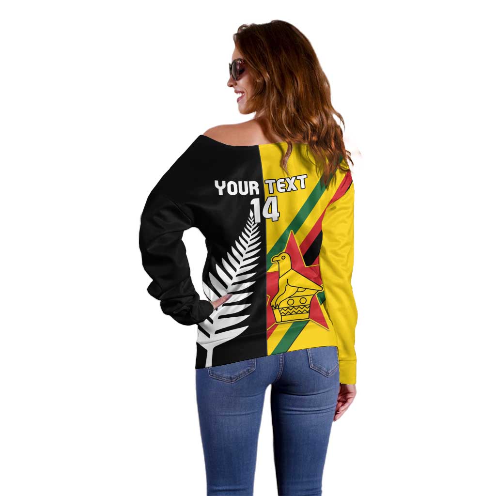 Custom New Zealand and Zimbabwe Off Shoulder Sweater NZ Fern Zim Flag Half Style LT14 - Polynesian Pride