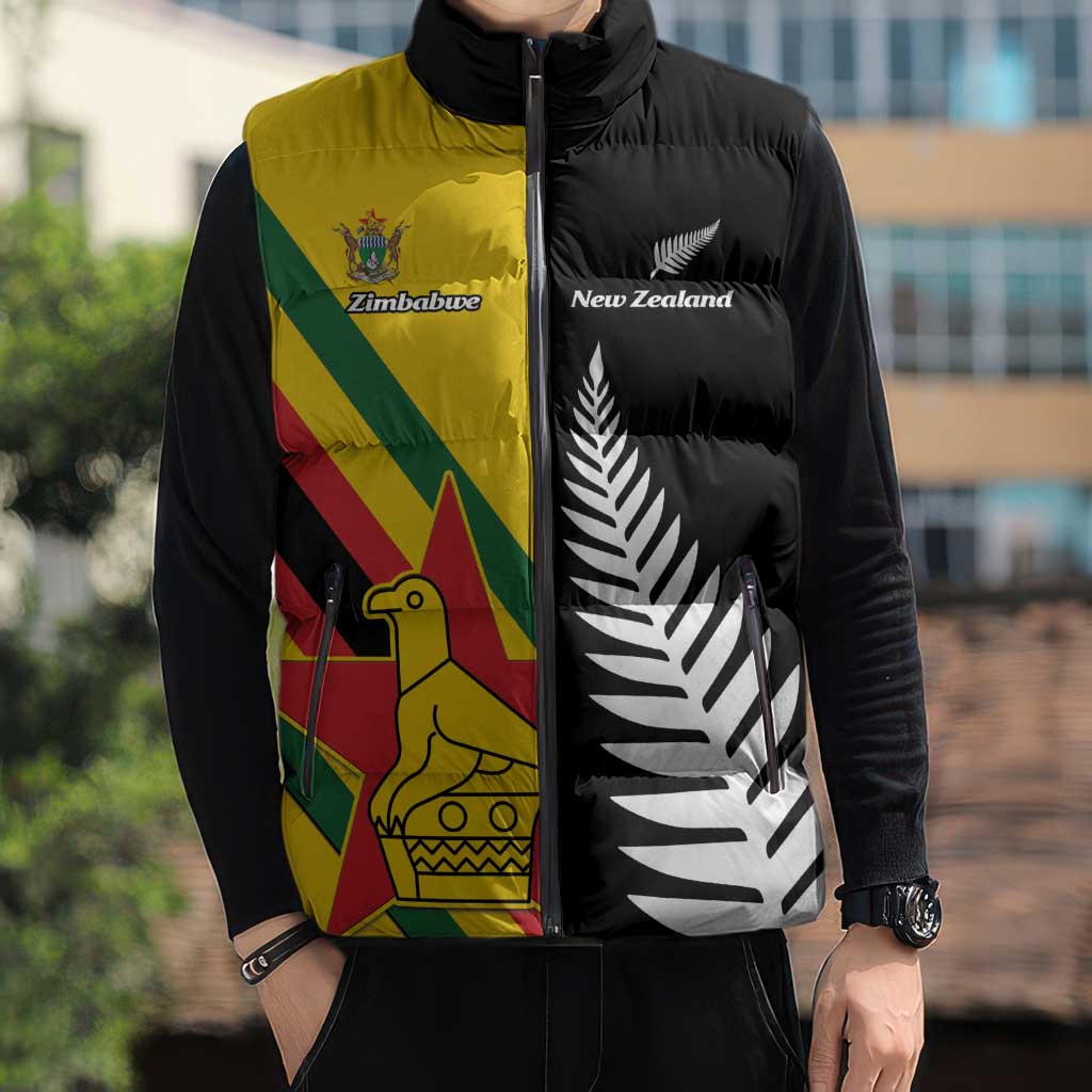 Custom New Zealand and Zimbabwe Sleeveless Puffer Jacket NZ Fern Zim Flag Half Style LT14 - Polynesian Pride