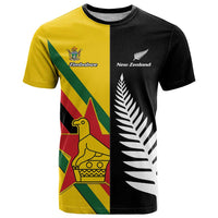 Custom New Zealand and Zimbabwe T Shirt NZ Fern Zim Flag Half Style LT14 Black - Polynesian Pride