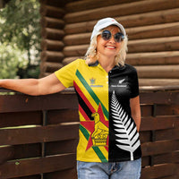Custom New Zealand and Zimbabwe Women Polo Shirt NZ Fern Zim Flag Half Style