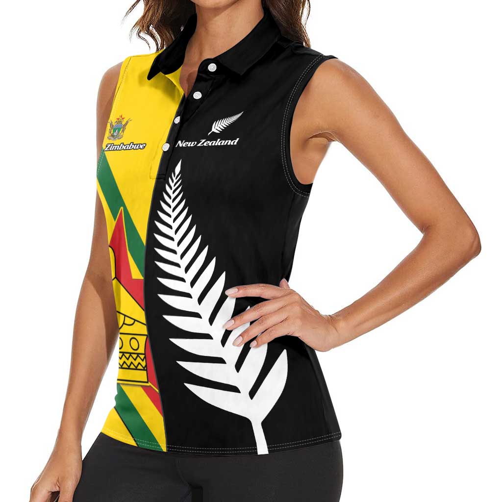 Custom New Zealand and Zimbabwe Women Sleeveless Polo Shirt NZ Fern Zim Flag Half Style