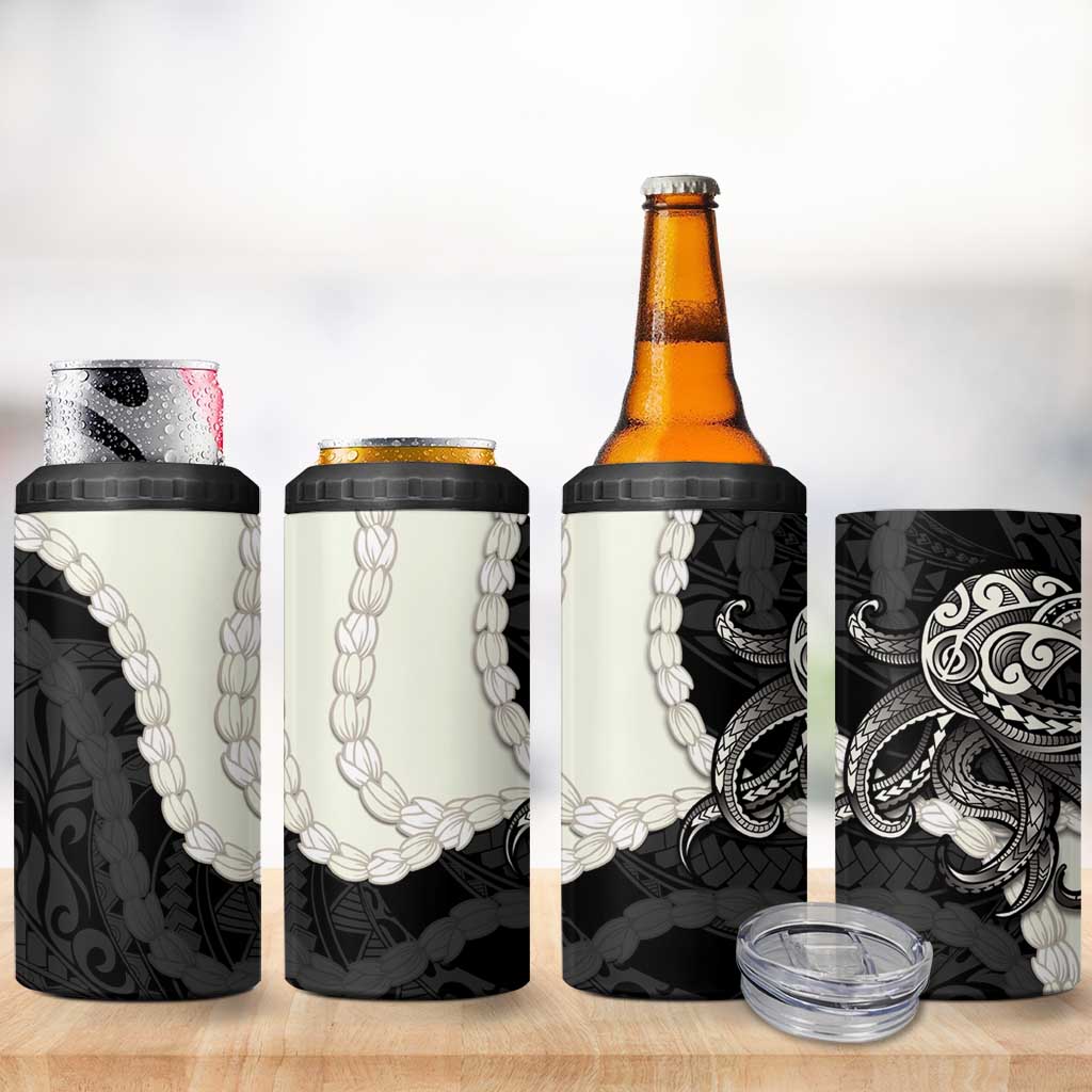 Black Polynesia Tribal Octopus Tattoo 4 in 1 Can Cooler Tumbler Pikake Lei Polynesian Pattern