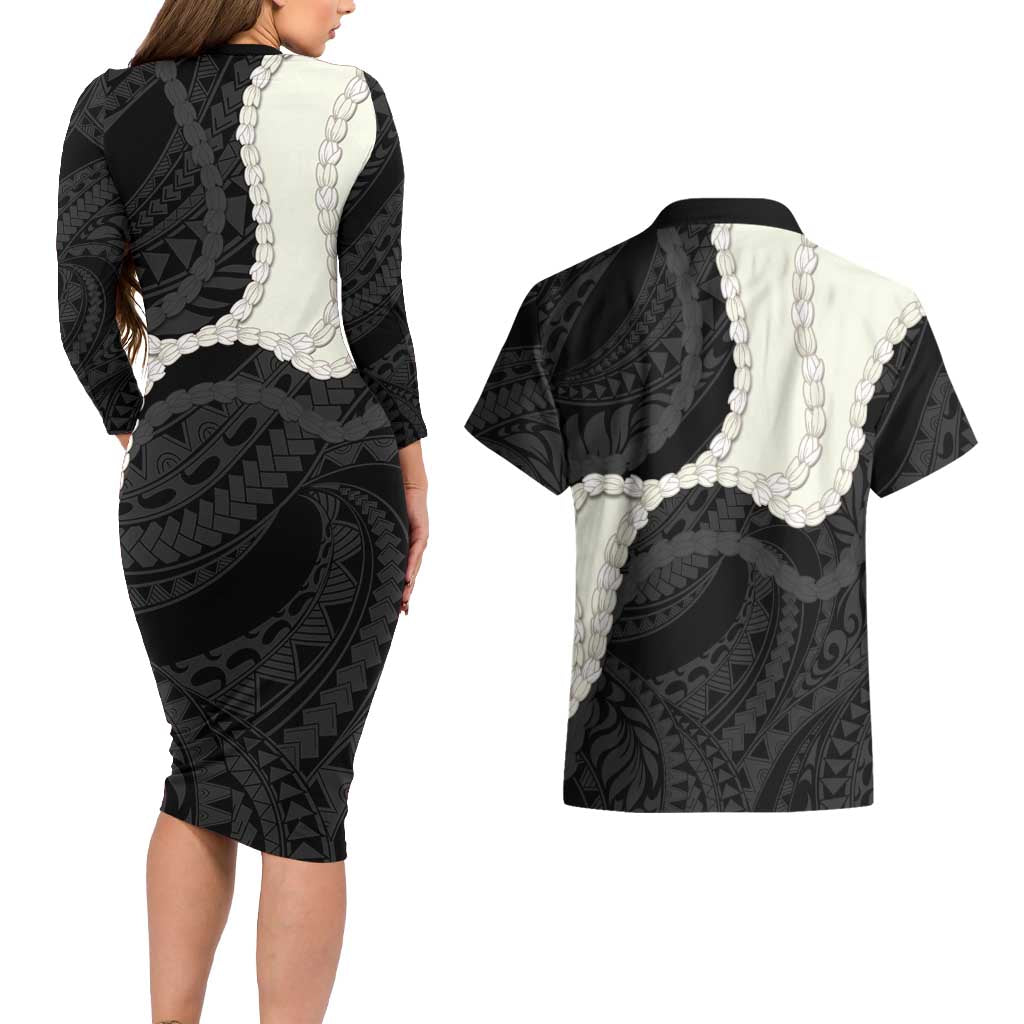 Black Polynesia Tribal Octopus Tattoo Couples Matching Long Sleeve Bodycon Dress and Hawaiian Shirt Pikake Lei Polynesian Pattern