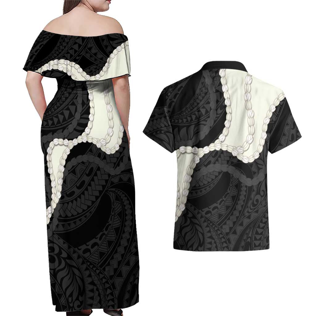 Black Polynesia Tribal Octopus Tattoo Couples Matching Off Shoulder Maxi Dress and Hawaiian Shirt Pikake Lei Polynesian Pattern