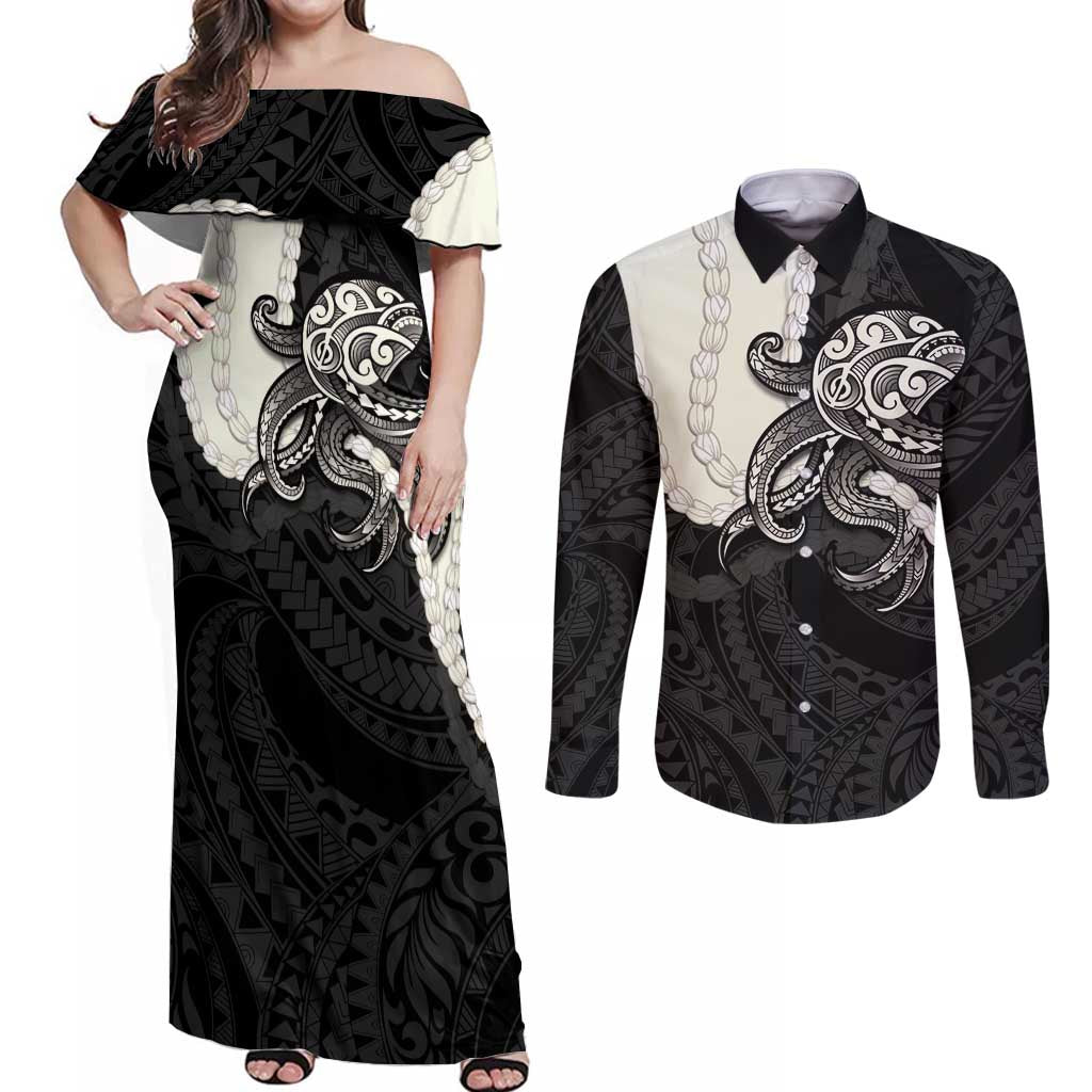 Black Polynesia Tribal Octopus Tattoo Couples Matching Off Shoulder Maxi Dress and Long Sleeve Button Shirt Pikake Lei Polynesian Pattern