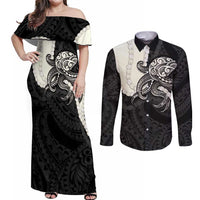 Black Polynesia Tribal Octopus Tattoo Couples Matching Off Shoulder Maxi Dress and Long Sleeve Button Shirt Pikake Lei Polynesian Pattern