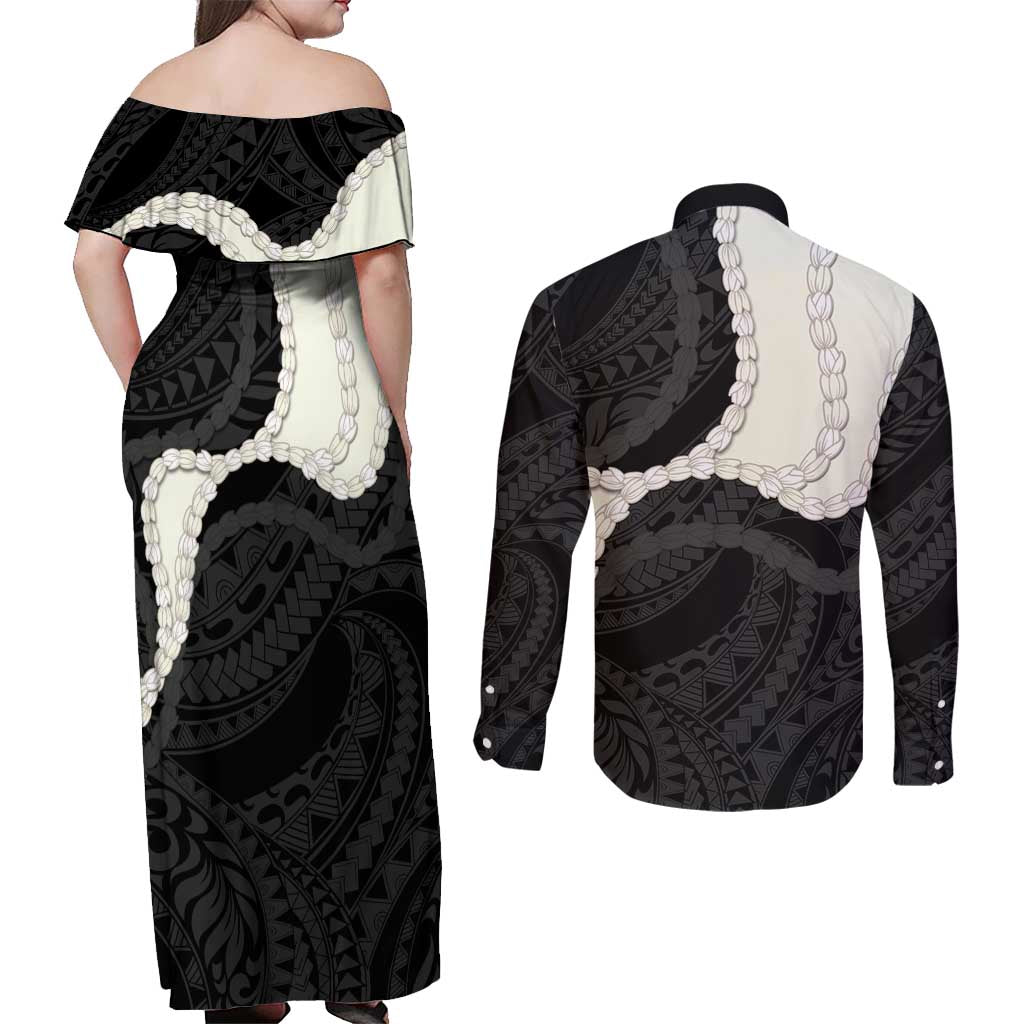 Black Polynesia Tribal Octopus Tattoo Couples Matching Off Shoulder Maxi Dress and Long Sleeve Button Shirt Pikake Lei Polynesian Pattern