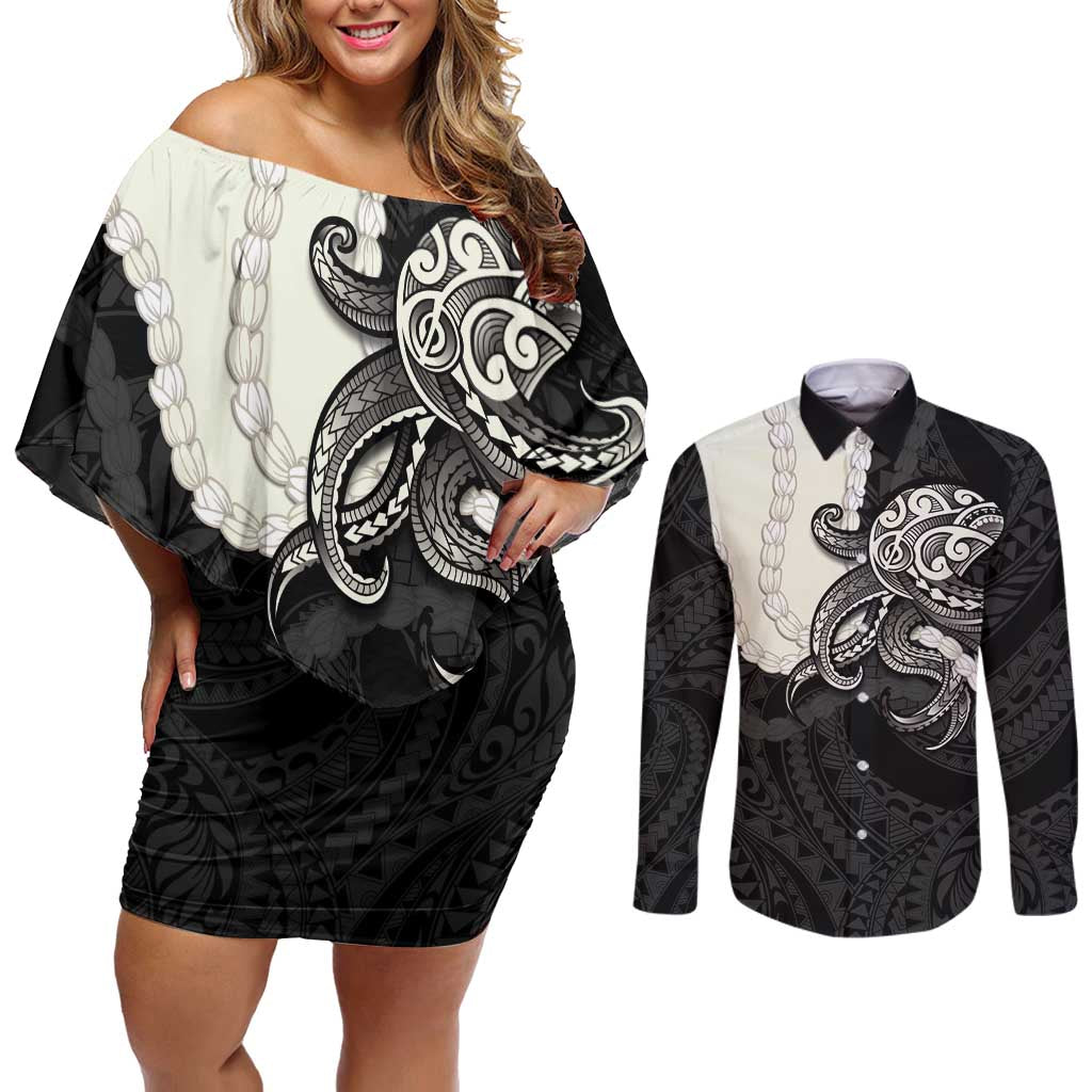 Black Polynesia Tribal Octopus Tattoo Couples Matching Off Shoulder Short Dress and Long Sleeve Button Shirt Pikake Lei Polynesian Pattern