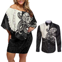 Black Polynesia Tribal Octopus Tattoo Couples Matching Off Shoulder Short Dress and Long Sleeve Button Shirt Pikake Lei Polynesian Pattern