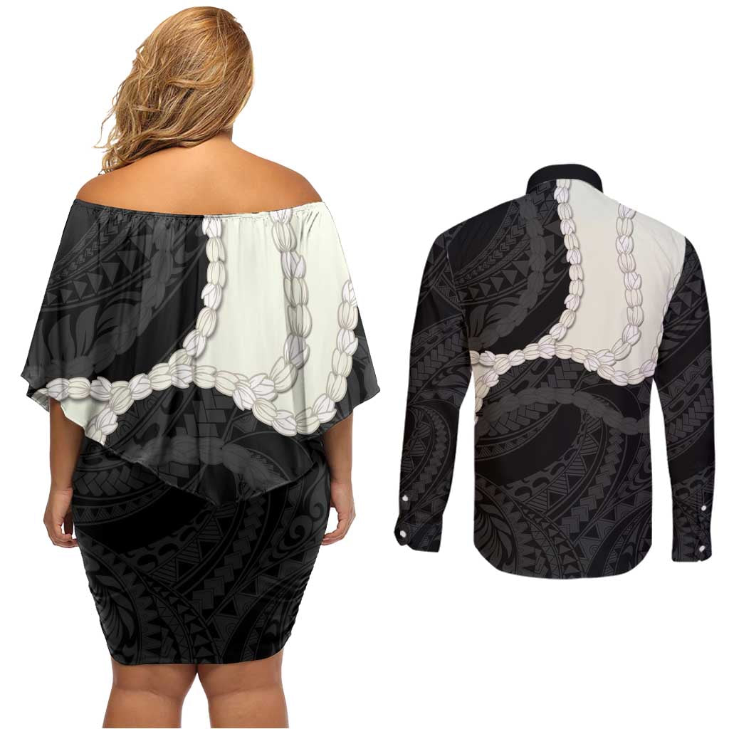 Black Polynesia Tribal Octopus Tattoo Couples Matching Off Shoulder Short Dress and Long Sleeve Button Shirt Pikake Lei Polynesian Pattern