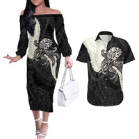 Black Polynesia Tribal Octopus Tattoo Couples Matching Off The Shoulder Long Sleeve Dress and Hawaiian Shirt Pikake Lei Polynesian Pattern LT14 Black - Polynesian Pride