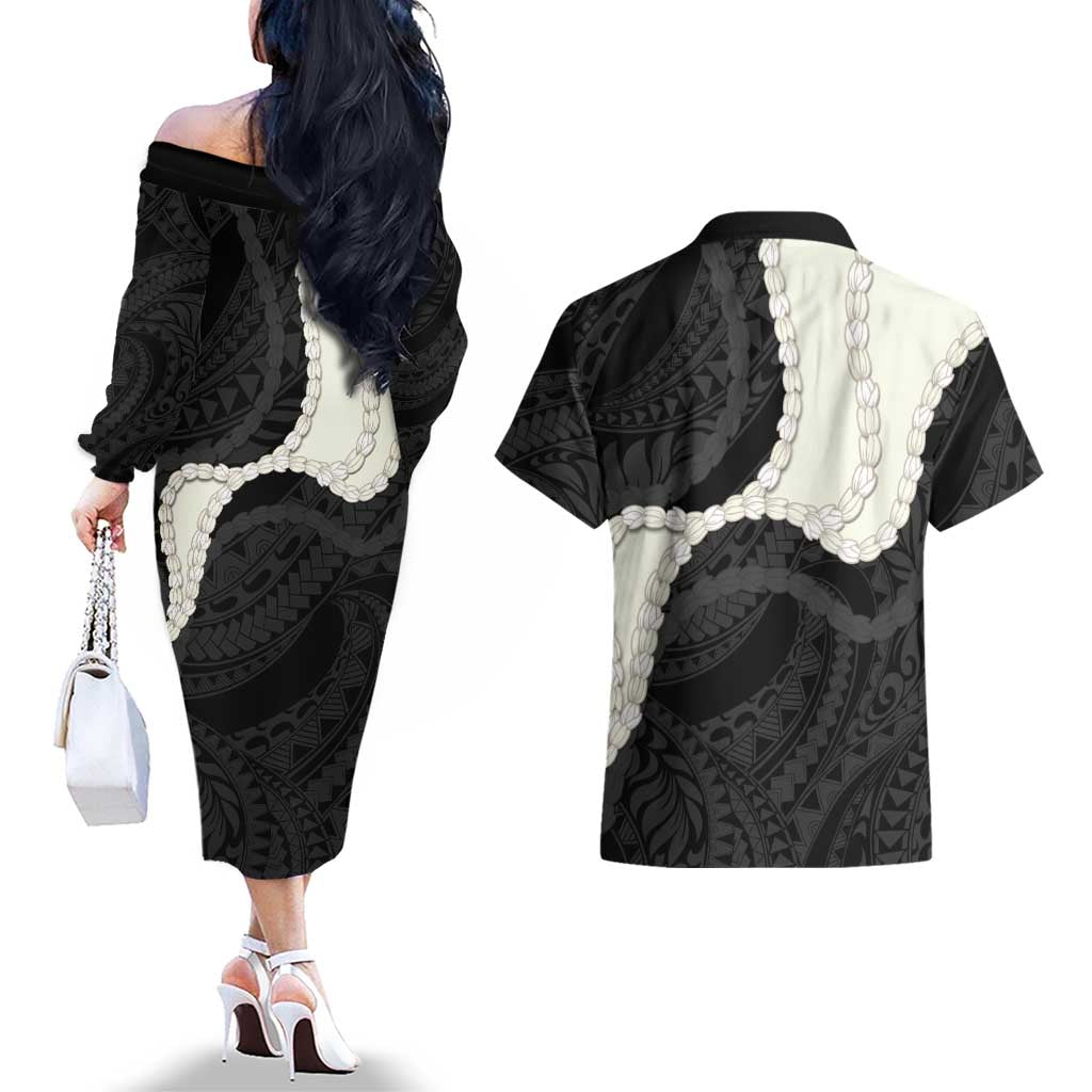 Black Polynesia Tribal Octopus Tattoo Couples Matching Off The Shoulder Long Sleeve Dress and Hawaiian Shirt Pikake Lei Polynesian Pattern LT14 - Polynesian Pride