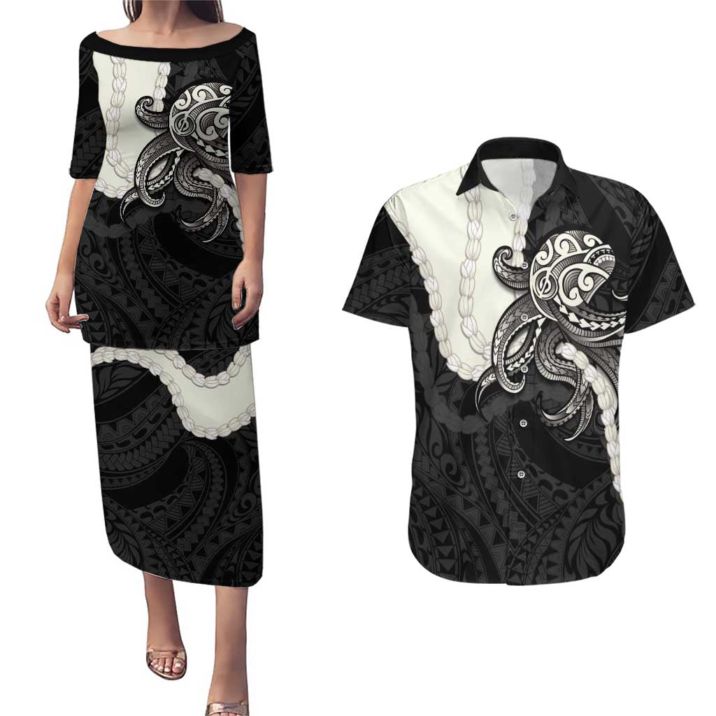 Black Polynesia Tribal Octopus Tattoo Couples Matching Puletasi and Hawaiian Shirt Pikake Lei Polynesian Pattern