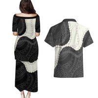Black Polynesia Tribal Octopus Tattoo Couples Matching Puletasi and Hawaiian Shirt Pikake Lei Polynesian Pattern