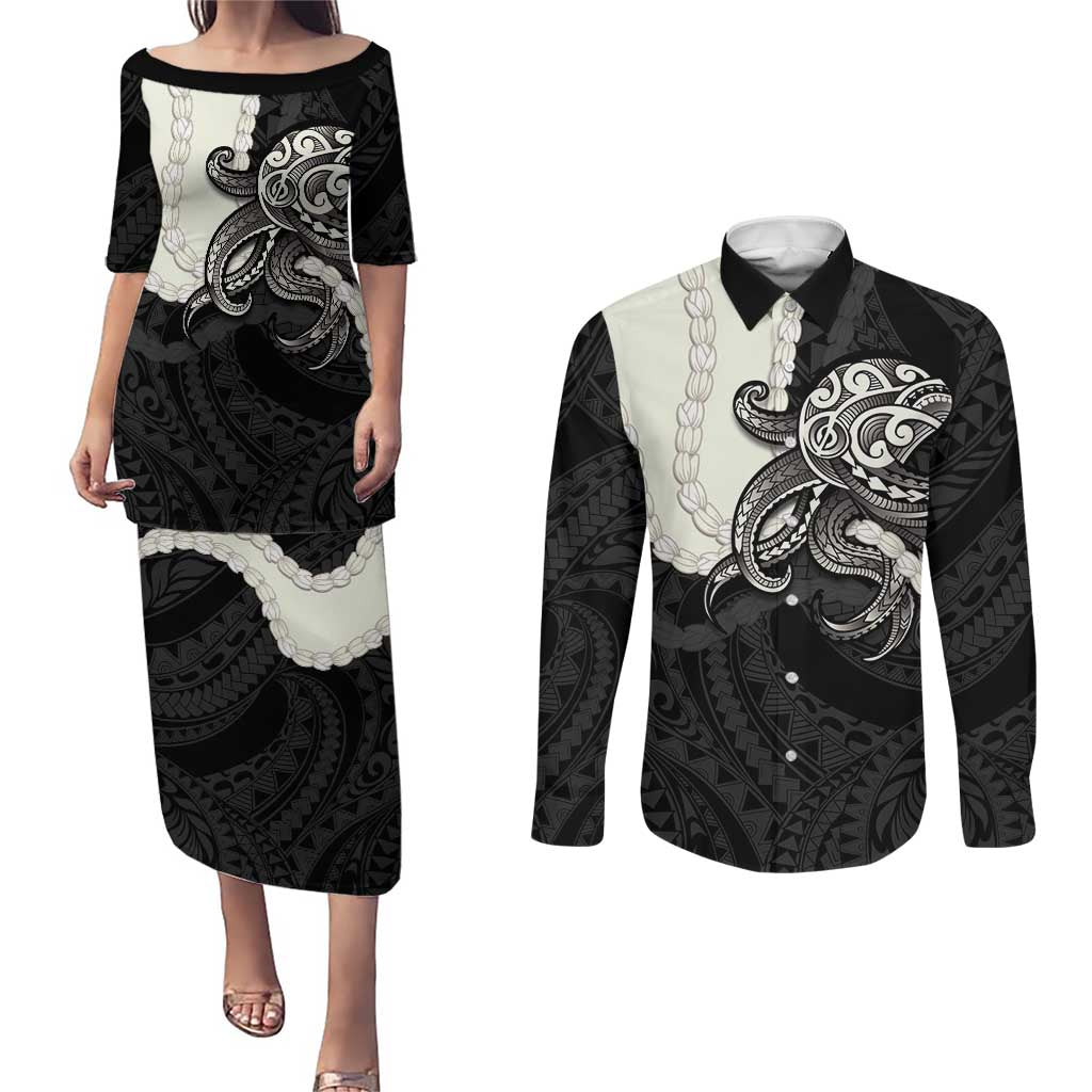 Black Polynesia Tribal Octopus Tattoo Couples Matching Puletasi and Long Sleeve Button Shirt Pikake Lei Polynesian Pattern LT14 Black - Polynesian Pride
