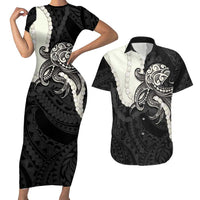 Black Polynesia Tribal Octopus Tattoo Couples Matching Short Sleeve Bodycon Dress and Hawaiian Shirt Pikake Lei Polynesian Pattern