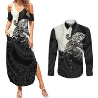 Black Polynesia Tribal Octopus Tattoo Couples Matching Summer Maxi Dress and Long Sleeve Button Shirt Pikake Lei Polynesian Pattern