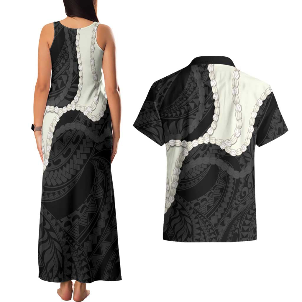 Black Polynesia Tribal Octopus Tattoo Couples Matching Tank Maxi Dress and Hawaiian Shirt Pikake Lei Polynesian Pattern
