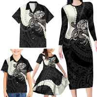 Black Polynesia Tribal Octopus Tattoo Family Matching Long Sleeve Bodycon Dress and Hawaiian Shirt Pikake Lei Polynesian Pattern