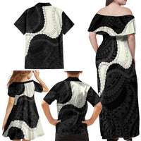 Black Polynesia Tribal Octopus Tattoo Family Matching Off Shoulder Maxi Dress and Hawaiian Shirt Pikake Lei Polynesian Pattern