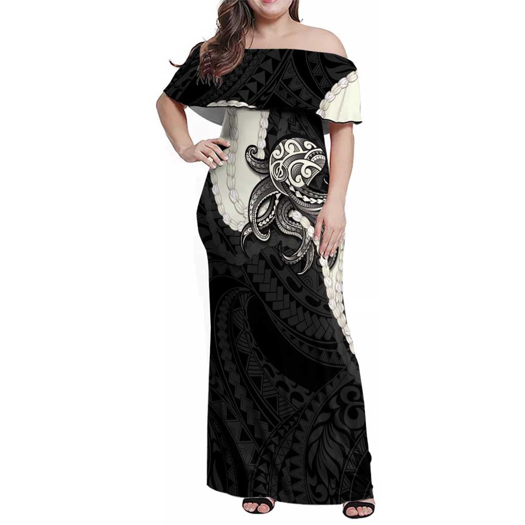 Black Polynesia Tribal Octopus Tattoo Family Matching Off Shoulder Maxi Dress and Hawaiian Shirt Pikake Lei Polynesian Pattern