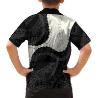 Black Polynesia Tribal Octopus Tattoo Family Matching Off Shoulder Short Dress and Hawaiian Shirt Pikake Lei Polynesian Pattern