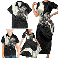 Black Polynesia Tribal Octopus Tattoo Family Matching Short Sleeve Bodycon Dress and Hawaiian Shirt Pikake Lei Polynesian Pattern