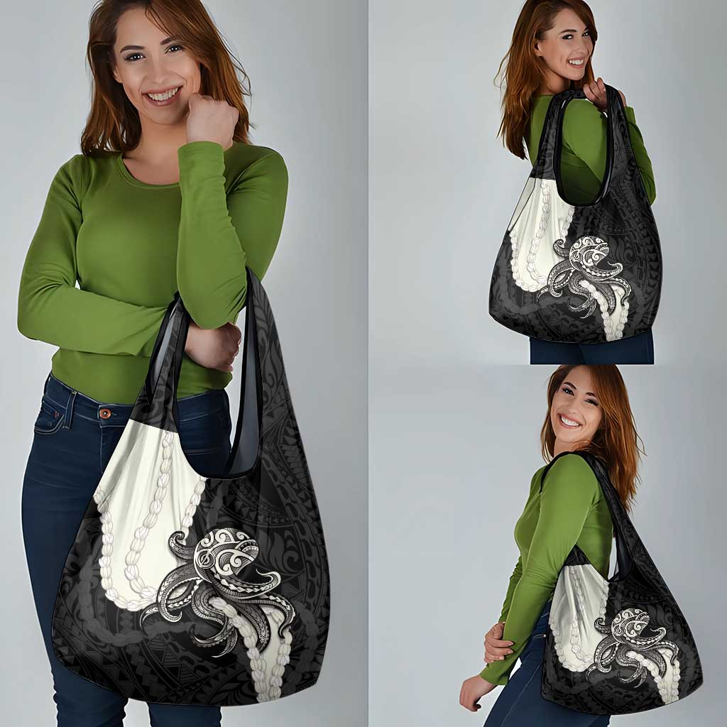 Black Polynesia Tribal Octopus Tattoo Grocery Bag Pikake Lei Polynesian Pattern