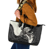 Black Polynesia Tribal Octopus Tattoo Leather Tote Bag Pikake Lei Polynesian Pattern