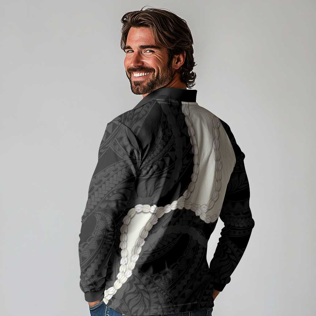 Black Polynesia Tribal Octopus Tattoo Long Sleeve Polo Shirt Pikake Lei Polynesian Pattern