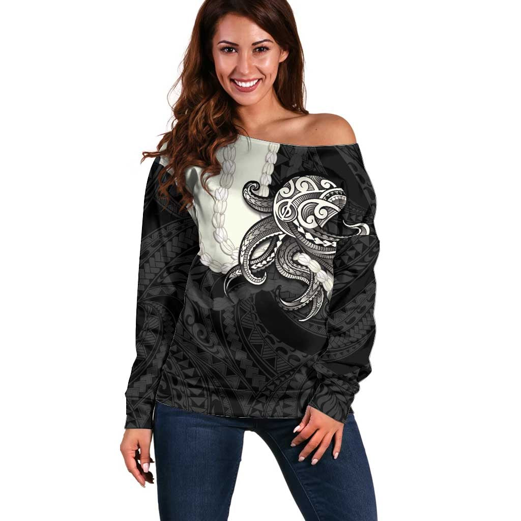 Black Polynesia Tribal Octopus Tattoo Off Shoulder Sweater Pikake Lei Polynesian Pattern