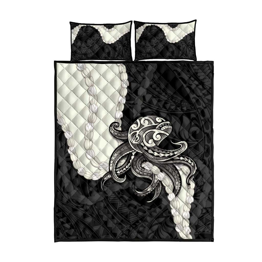 Black Polynesia Tribal Octopus Tattoo Quilt Bed Set Pikake Lei Polynesian Pattern