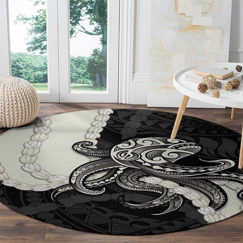 Black Polynesia Tribal Octopus Tattoo Round Carpet Pikake Lei Polynesian Pattern
