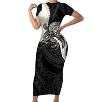 Black Polynesia Tribal Octopus Tattoo Short Sleeve Bodycon Dress Pikake Lei Polynesian Pattern