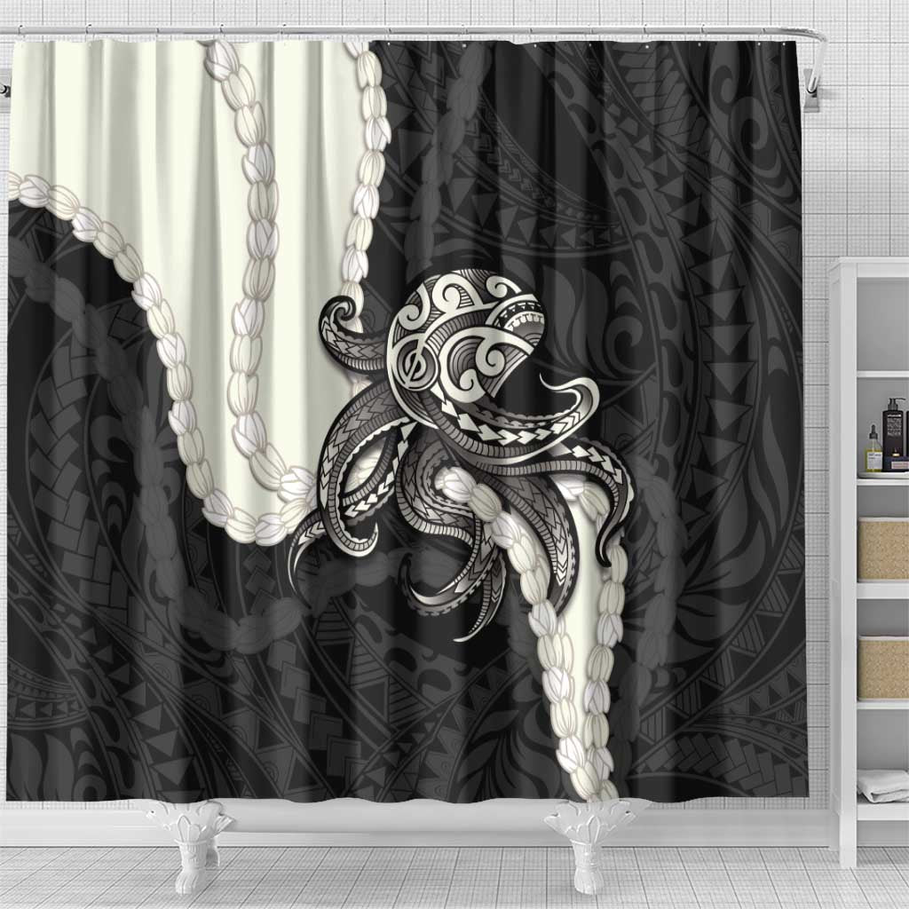 Black Polynesia Tribal Octopus Tattoo Shower Curtain Pikake Lei Polynesian Pattern