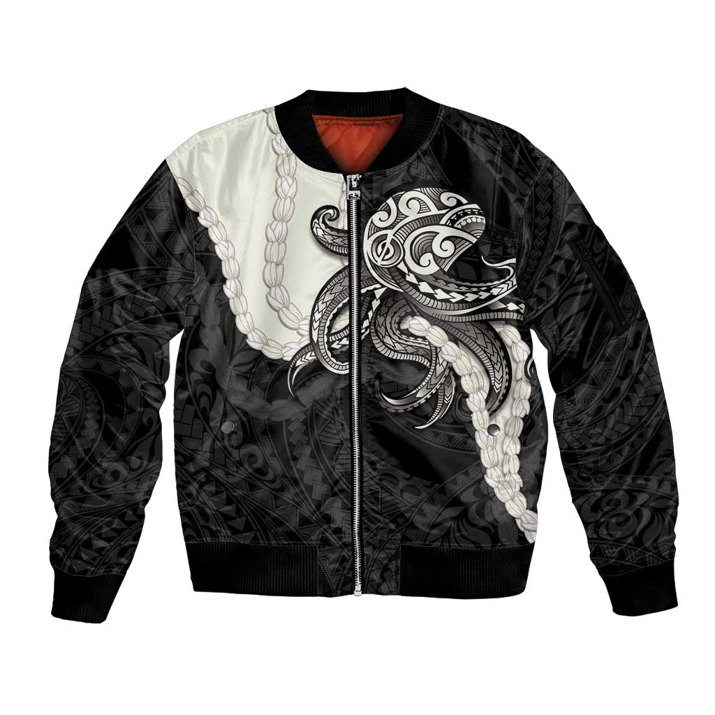 Black Polynesia Tribal Octopus Tattoo Sleeve Zip Bomber Jacket Pikake Lei Polynesian Pattern