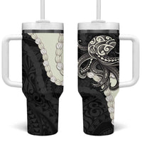 Black Polynesia Tribal Octopus Tattoo Tumbler With Handle Pikake Lei Polynesian Pattern