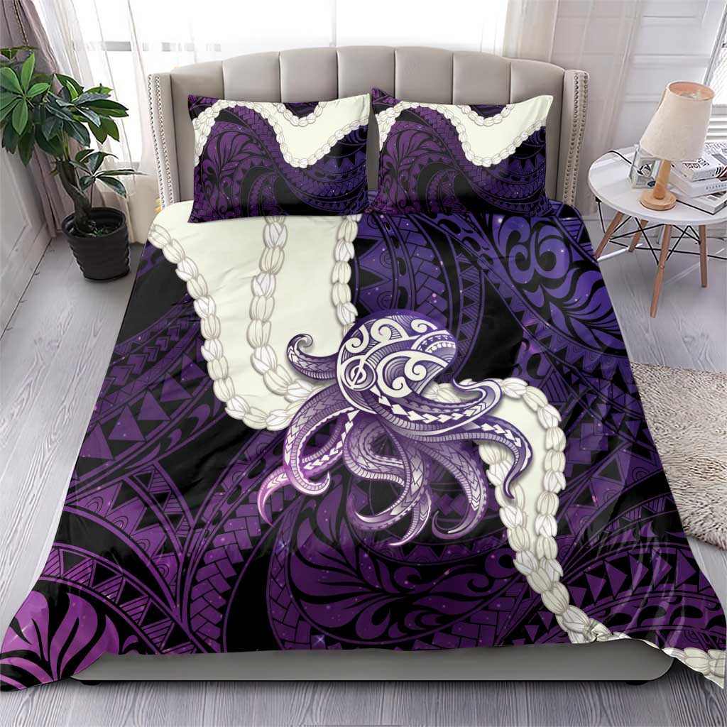 Purple Galaxy Polynesia Tribal Octopus Tattoo Bedding Set Pikake Lei Polynesian Pattern