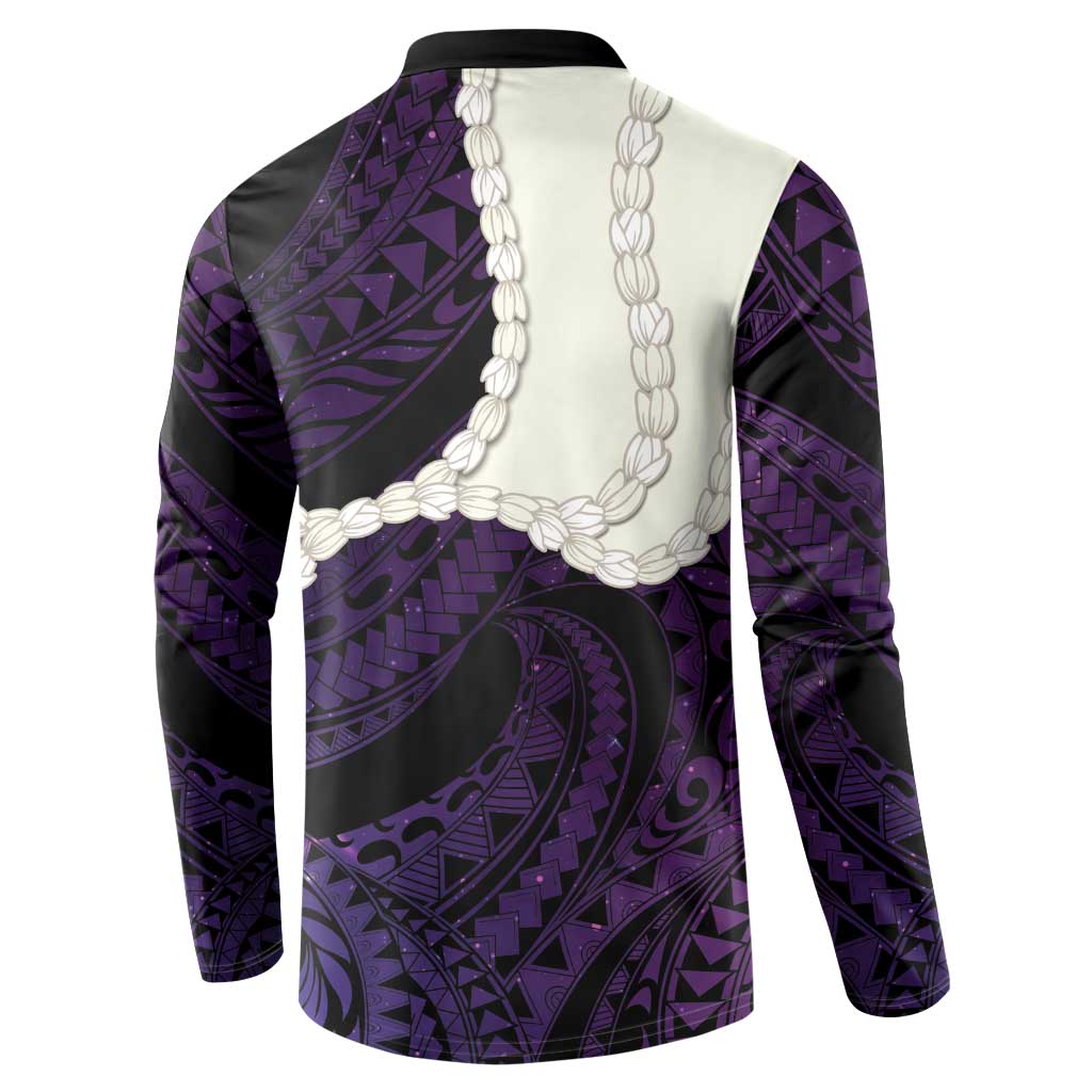 Purple Galaxy Polynesia Tribal Octopus Tattoo Button Sweatshirt Pikake Lei Polynesian Pattern