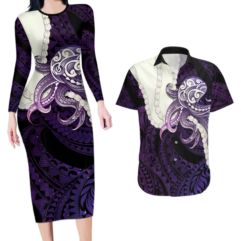 Purple Galaxy Polynesia Tribal Octopus Tattoo Couples Matching Long Sleeve Bodycon Dress and Hawaiian Shirt Pikake Lei Polynesian Pattern
